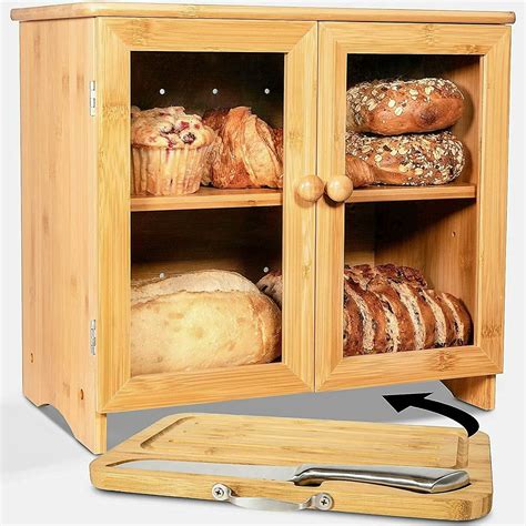 stainless steel bread box with bamboo cutting board|LuvURkitchen Large Wooden Bread Box For Kitchen Countertop, .